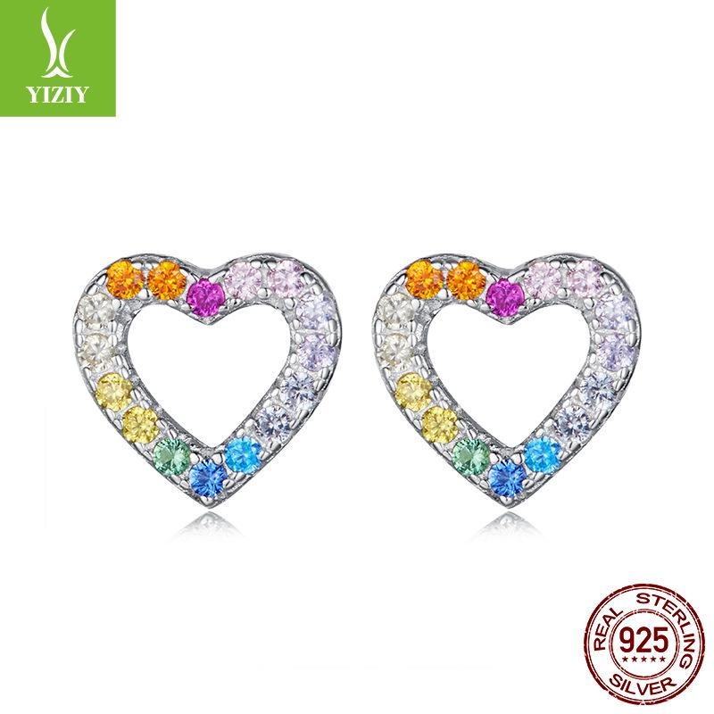Colorful Zircon Love Stud Earrings Women'S Fashion Light Luxury S925 Sterling Silver Heart Stud Earrings