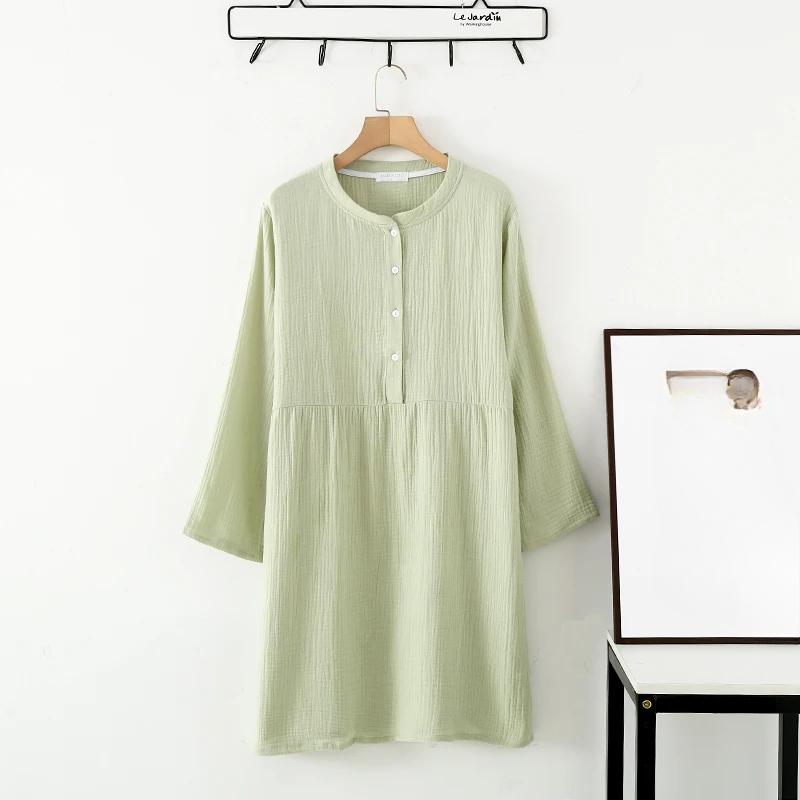 Spring and Autumn Women's Long Sleeve Nightdress 100%Cotton Crepe Round Neck Button Solid Color Dress Home Dress Nightgown Dress