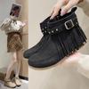 Vintage Women Suede Ankle Fringe Women Shoes Winter Boots Women Side Zipper Casual Shoes Round Toe Ladies Snow Boot