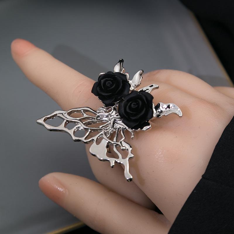 Adjustable Dark Rose & Butterfly Hollow Ring