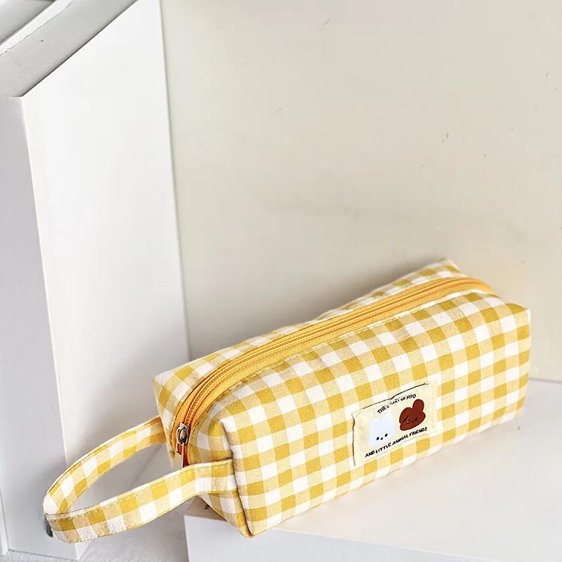 Checkboard Embroidery Pencil Bag Portable Stationery Bag High Capacity Kawaii Pens Women Girls Makeup Bags School Supplies