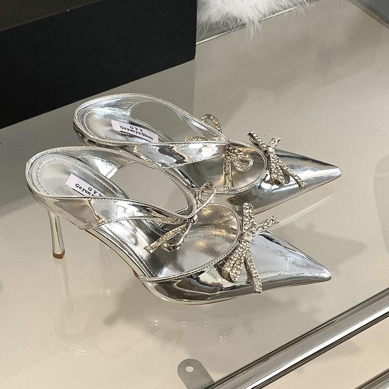Fashion Advanced Sense ~! Silver Patent Leather Rhinestone Bow Pointy Half Slippers For Women With Fine Heels And High Heels
