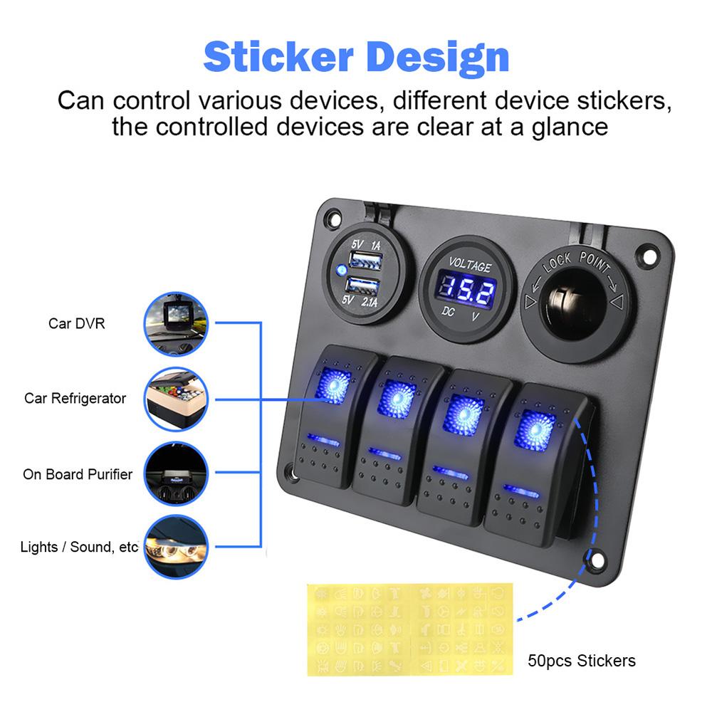 LED Rocker Switch Panel Interior Accessories Digital Voltmeter Aluminum Panel Dual USB Port 4 Gang Waterproof for Car RV Camper Caravans