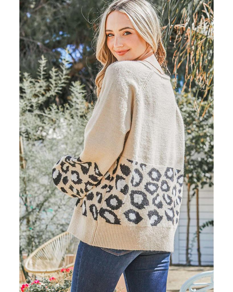 Azura Exchange Leopard Patchwork Knitted Puff Sleeve Sweater