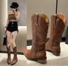 2025 New Women's Boots Low Heel Cowboy Western Short Leather Knee High Luxury Designer Gothic New Rock Shoes Vintage
