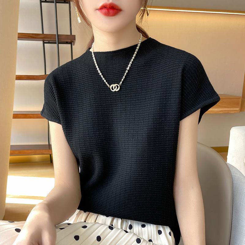 IHUASU Women's Short-sleeved T-shirt Spring and Summer Loose Thin O-neck Knitted Bottoming Shirt Tops