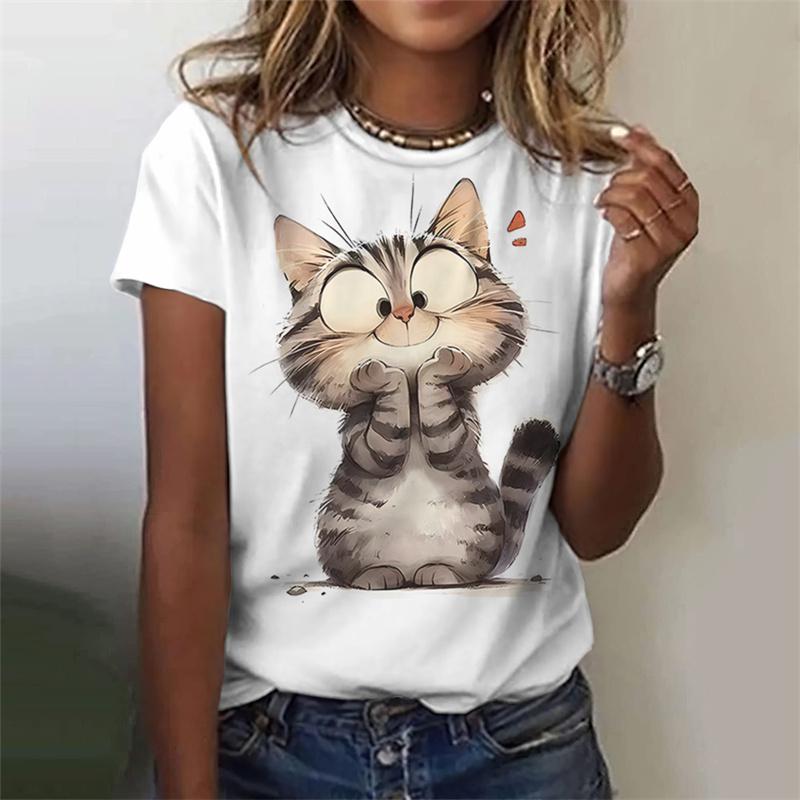 3D Printed Cute Animal T Shirt For Women Funny Cat Pattern Tees Summer Harajuku T-Shirts Round Neck Tops Loose Short Sleeves