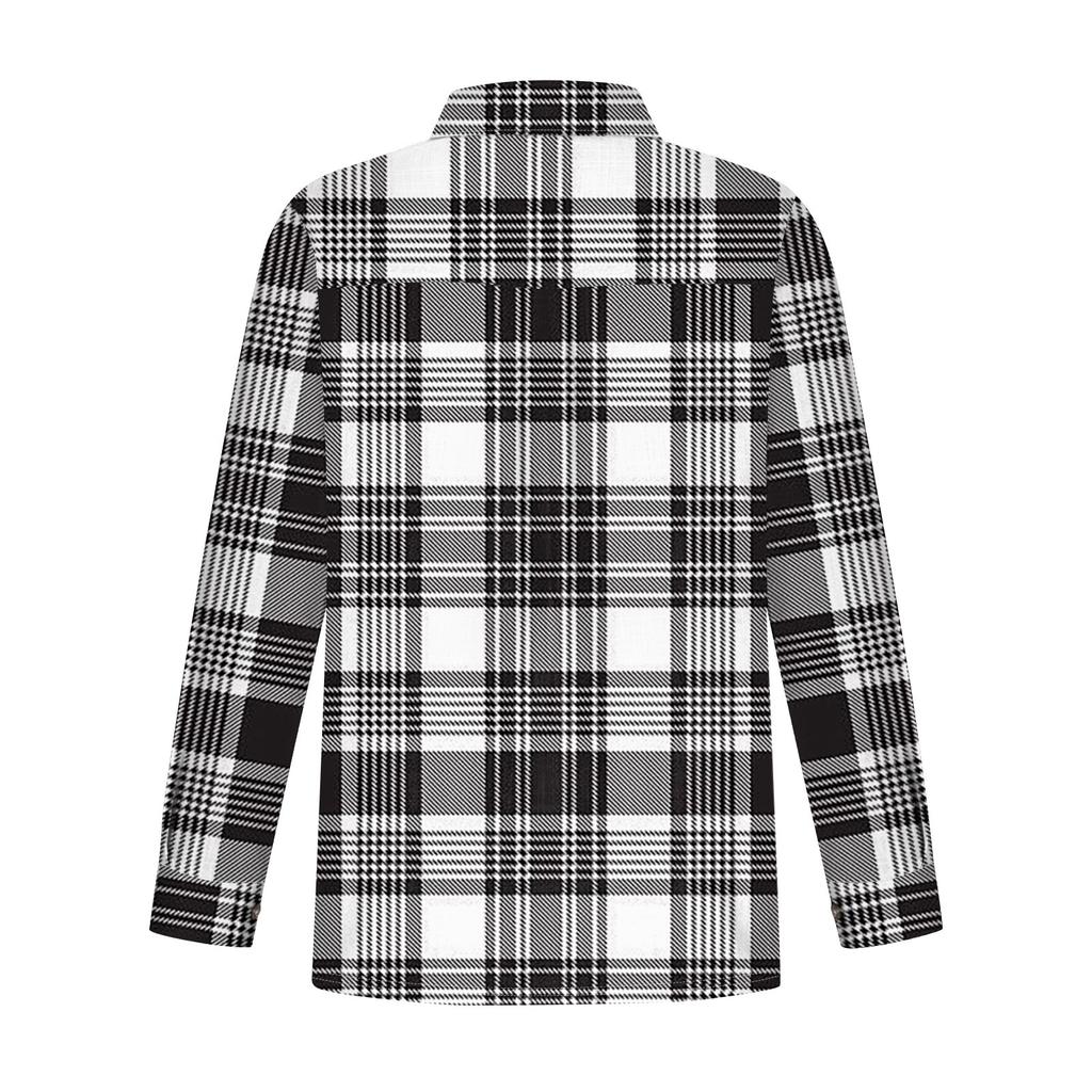 Women's Loose Casual Long-sleeved Lapel Button-down Shirt With Striped Plaid Print And Pocket Cardigan