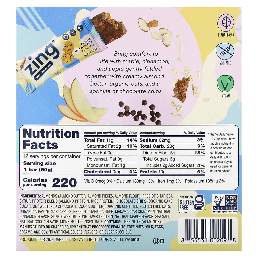 Zing Bars Plant-Based Bars, with Oatmeal Chocolate Chip Almond Butter, 12 Bars, 1.76 Oz (50 G) Each