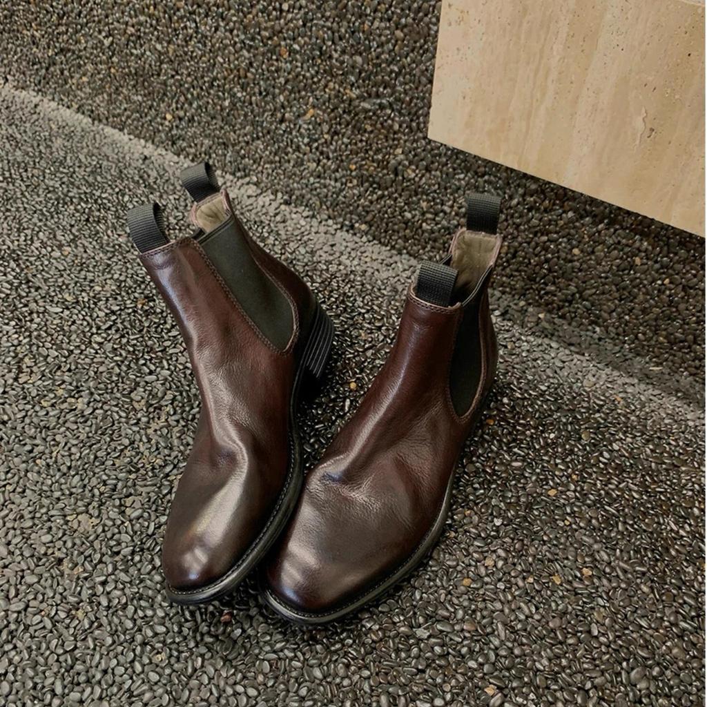 Handmade Real Cowhide~ Grape Mother Same British Style Chelsea Boots Women's Retro Genuine Leather Martin Boots Cigarette Tube Short Boots