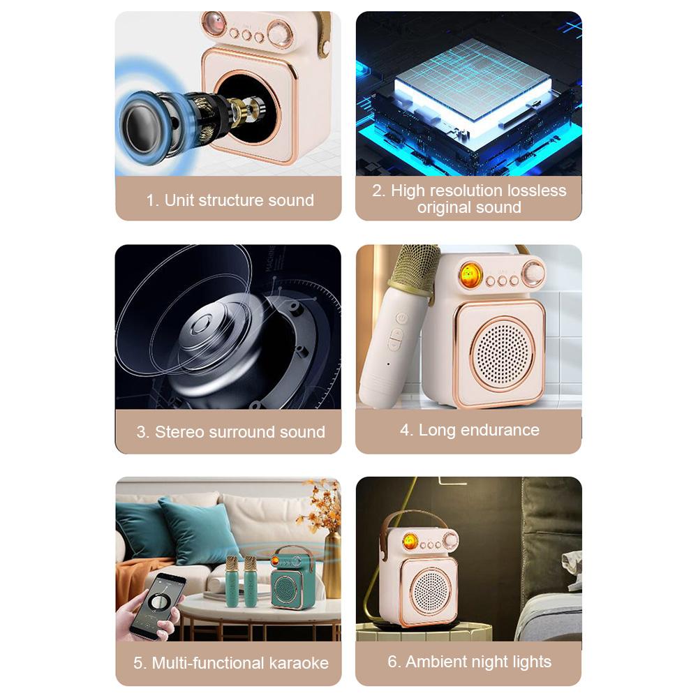 Mini Karaoke Machine Wireless Microphone and Speaker Set with 2 Microphone Rechargeable LED Color