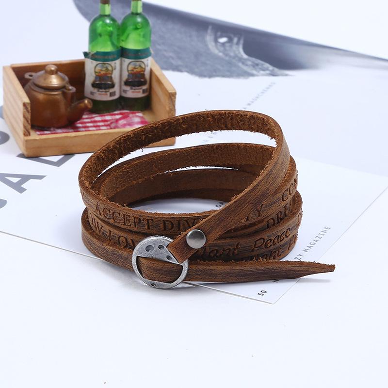 New Five Circle Embossed Cowhide Bracelet Vintage Simple Multi Loop Bracelet Fashion Buckle Leather Bracelet