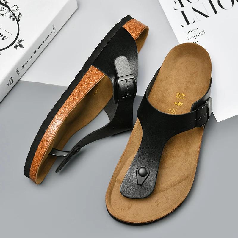 2024 New Men Genuine Leather Couple Style Cork High Quality Soft Cork Slides Footwear for Men Women Unisex 36-46 Cork Flip Flops