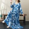Round Neck Long Sleeve Bohemian Clothing Retro Autumn Cotton Linen Dresses Vintage Casual Floral Printed Long Dress for Women
