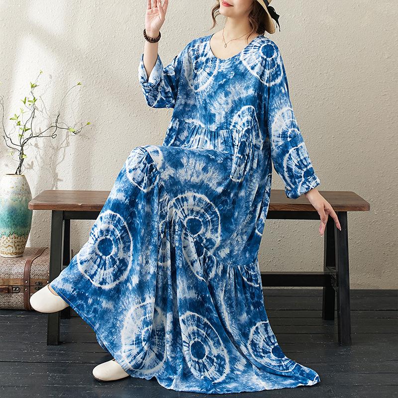 Round Neck Long Sleeve Bohemian Clothing Retro Autumn Cotton Linen Dresses Vintage Casual Floral Printed Long Dress for Women