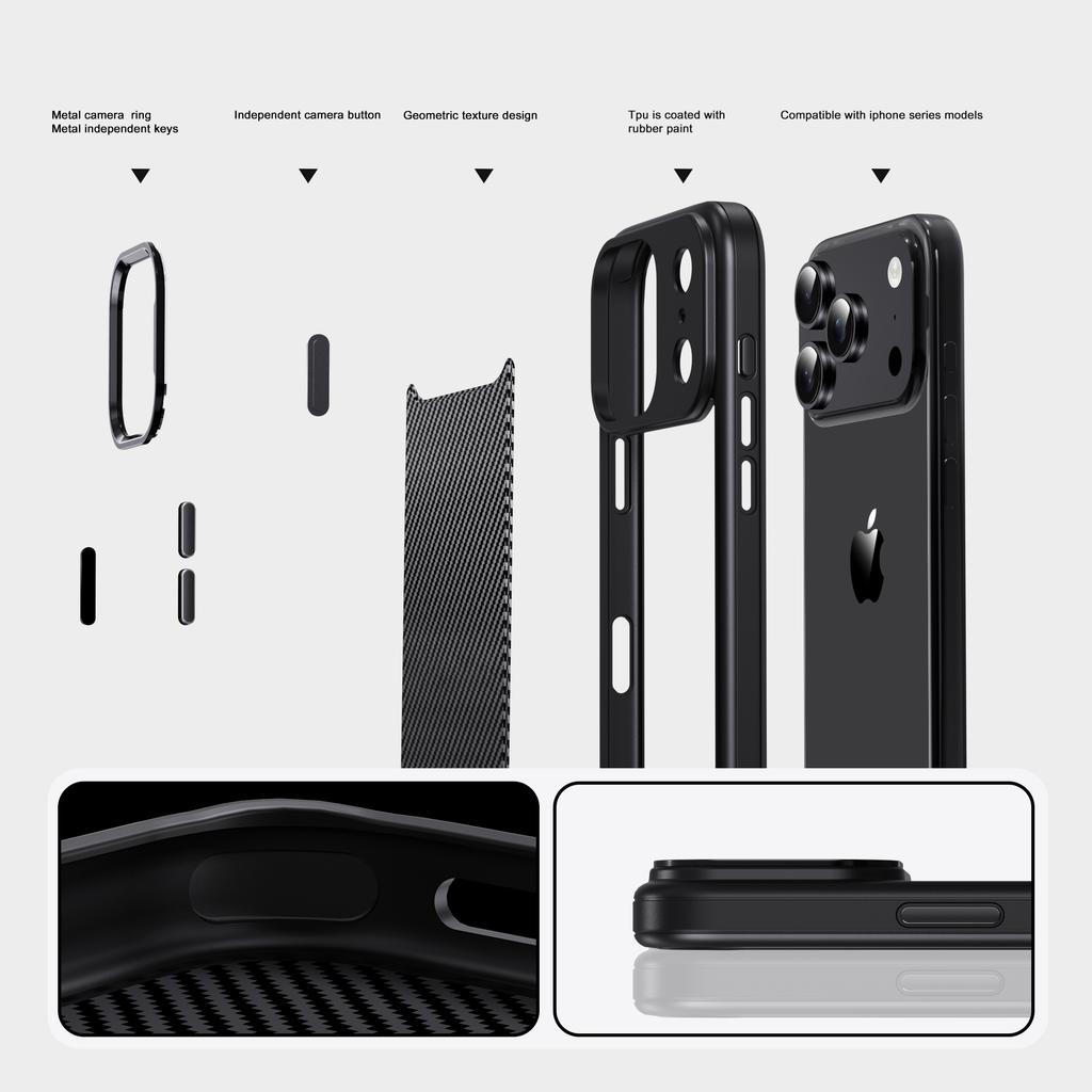 IPAKY For iPhone 17 Pro TPU Case Carbon Fiber Texture Phone Cover Metal Lens Frame