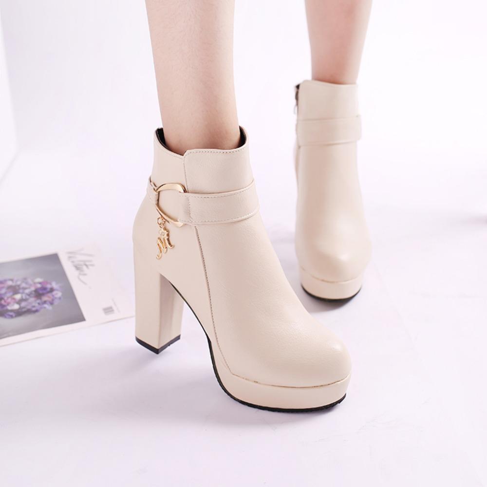 Fashion Fashion Ankle Boots Solid Color Round Head Side Zipper Design Autumn Winter Women's Fashion High Heeled Ankle Boot Size 32-43