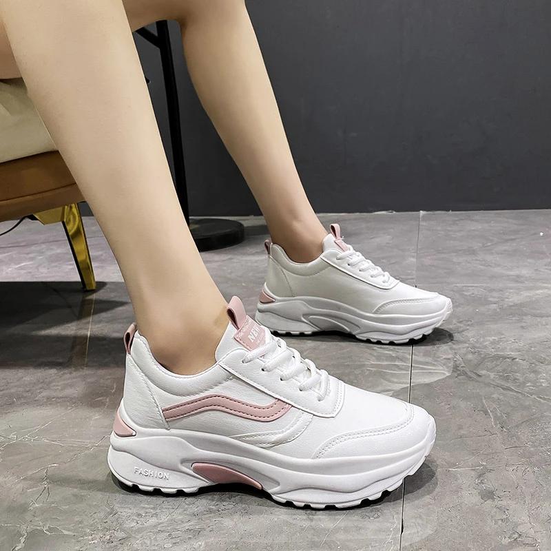 Casual Women Thick-soled Sneakers Fashion Spring Autumn Summer White Black PU Lace-up Vulcanized Shoes Mesh Rubber Non-slip New