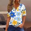 Women's Fashion Casual Vintage Floral Print V-Neck Short Sleeve Decorative Button T-Shirt Tops