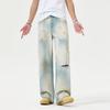 Retro Paint Light Blue Ripped Micro-flare Jeans Wasteland Style Loose Dirty Pants