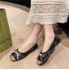Bow Square Head Single Shoes Women's 2025 New Shallow Mouth Chinese Style Splicing Soft Versatile Flat Ballet Shoes