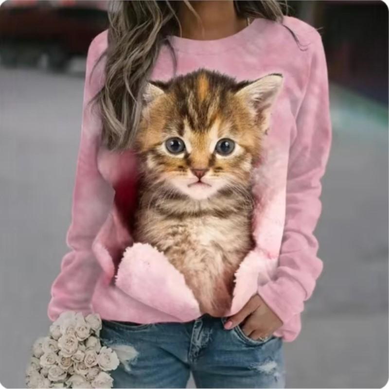 Kawaii Cat Women's Pullovers 3D Print Casual Long Sleeve Tees Oversized Harajuku Thin Hoodies Clothing Daily Tops