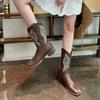 Vintage Brown Western Cowboy Boots Women's Autumn Slim Mouth Embroidery Square Head Thick Heel Medium Tube Knight Boots Long Boots