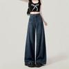 Dark Blue Plus Size High-Waist Wide Leg Jeans for Women - Floor-Length, Loose Fit, Trendy Spring and Autumn Style.