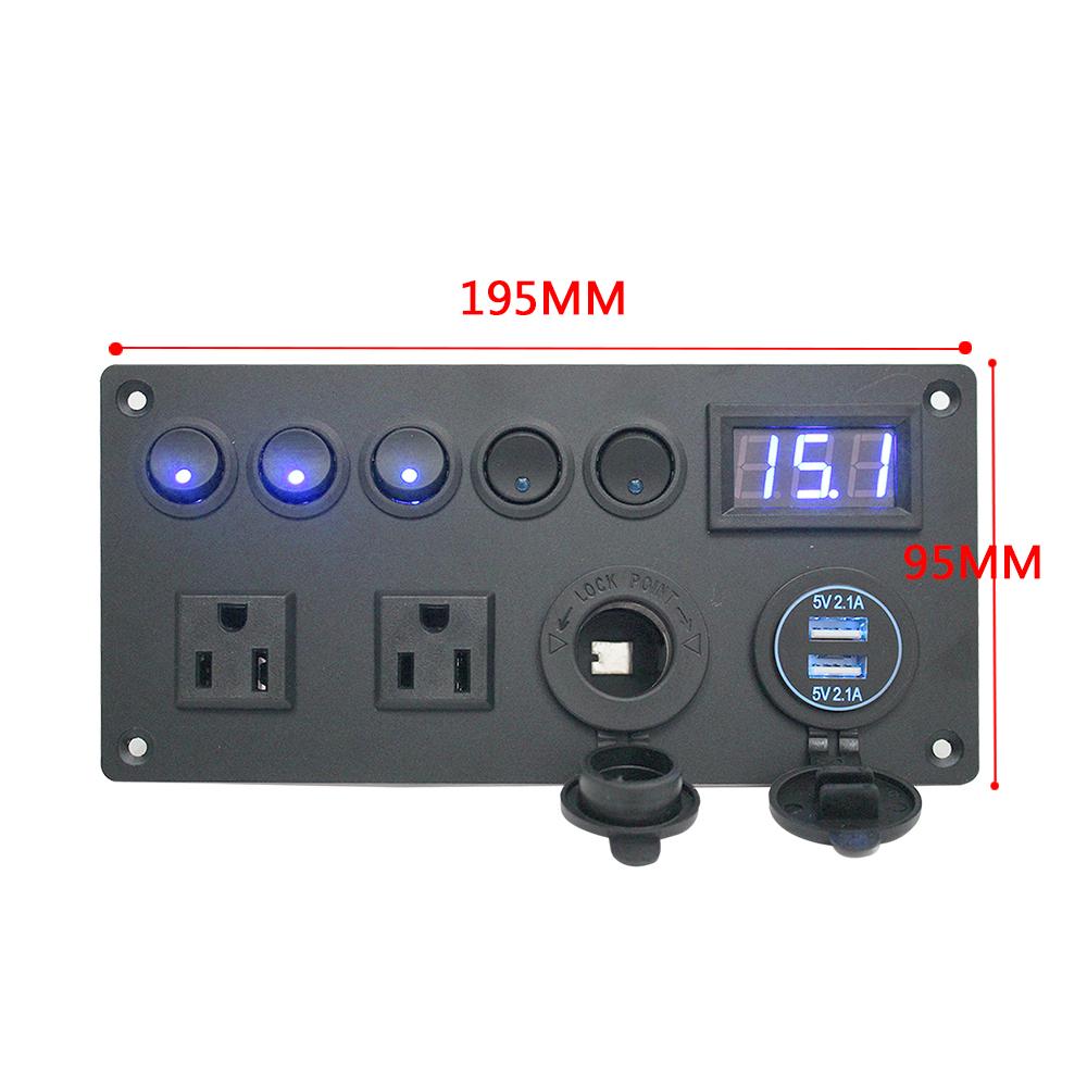 LED Digital Voltmeter 5 Gang Toggle Switch 12V/24V ON-OFF Button Cigarette Lighter For Car Marine Dual USB Port with US Plug Socket Car Switch Panel