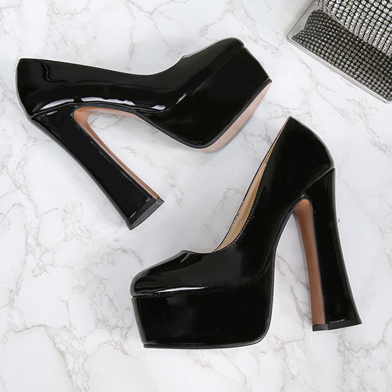 Women's Chunky High Heels Round Toe Pumps 14cm Heel 4cm Platform WZ