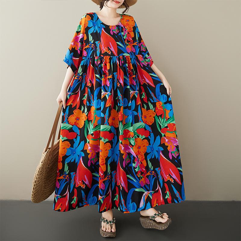 Dimanaf Plus Size New 2025 Women Summer Short Sleeve Dress Basic Casual Floral Loose Vintage Beach Long Dress