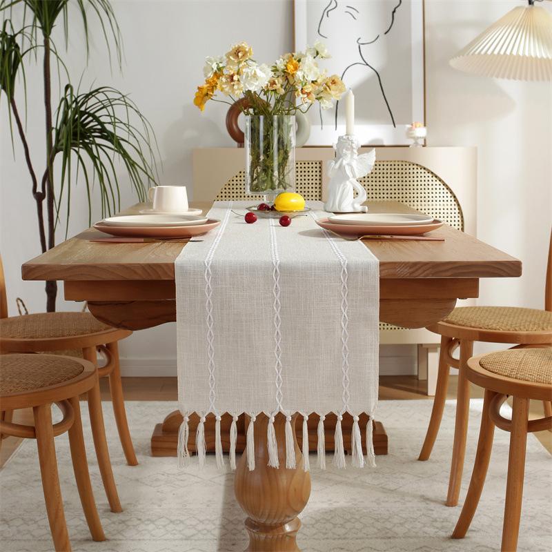 Hand Woven Solid Color Lace Table Runner with Fringe for Farmhouse Christmas Dining Table Decor
