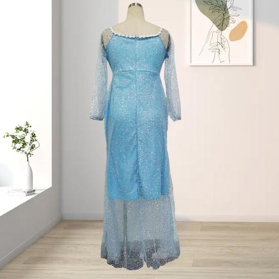 Women Elegant Gown Dress Off Shoulder V-neck Puff Long Sleeve Floor Length Dress Sequins Decor See-through Elegant Vintage Dress