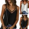 Women Vest Suspenders V-neck Mesh Splicing Spaghetti Strap Sleeveless Adjustable Solid