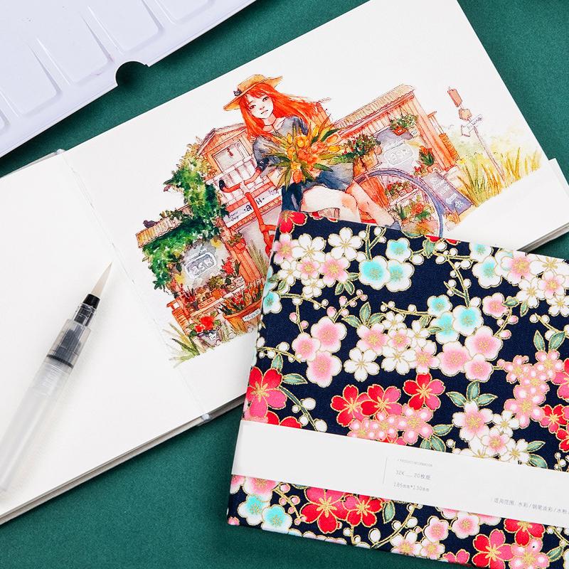 Fabric Art Hardcover Watercolor Sketch Paper Book Wood Pulp Fine Texture 32K 300g 20 Sheets Travel Outdoor Painting Pad for Gouache Acrylic Watercolor