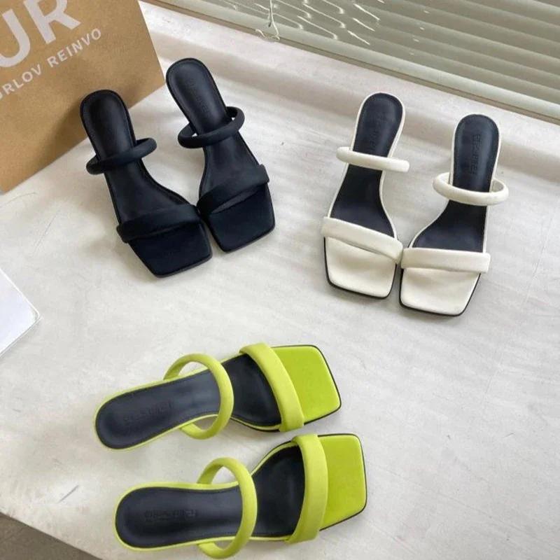 Fashion Open Toe High Heeled Sandals Women's 2024 Summer New Square Head Thick Heel Mid-heel Slippers