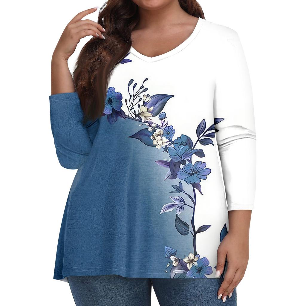 Женские топы больших размеров, рубашки с рукавами 3/4, повседневная одежда с V-образным вырезом, топы с принтами