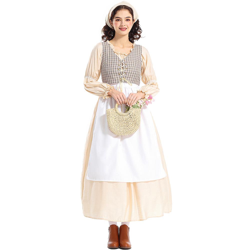 Adult Women Grassland Colony Dress Renaissance Victorian Medieval Dress Gown Apron Halloween Cosplay Costumes Role Play Outfit