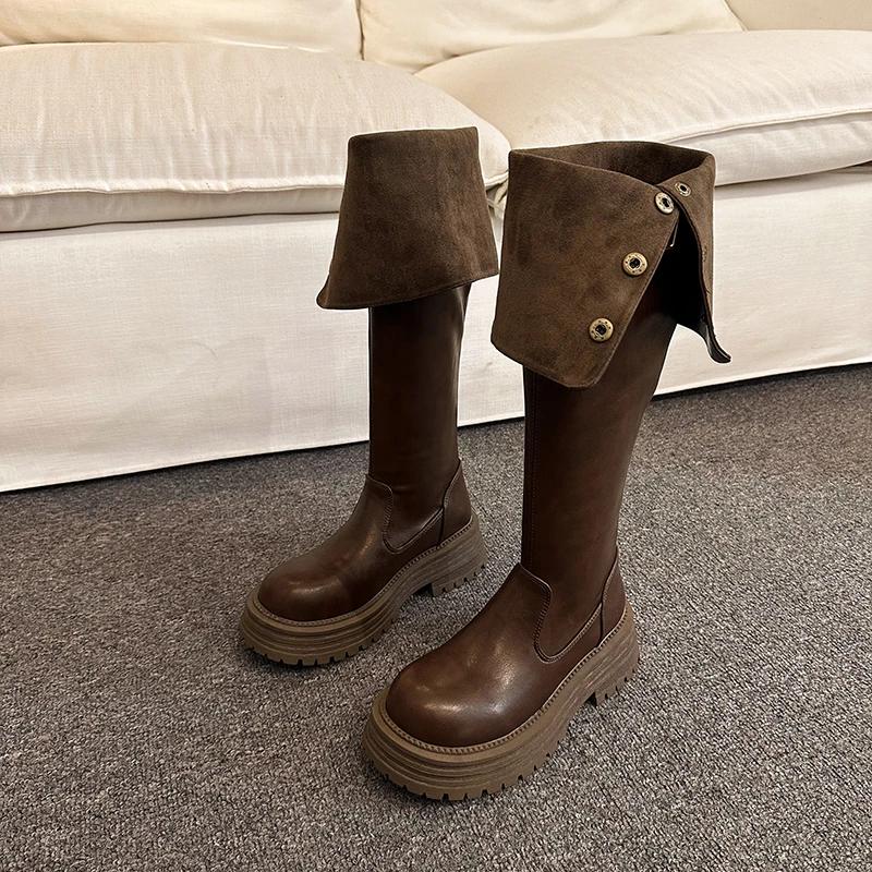 Winter New 2024 Hot Sale Fashion Outdoors Women's Knee Length Boots Solid Color Round Head Shoes for Women Botines De Mujer