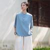Women Vintage Ramie Cotton Stand Shirts Button Chinese Style Tops 2024 Summer New Solid Color Short Sleeve Blouses
