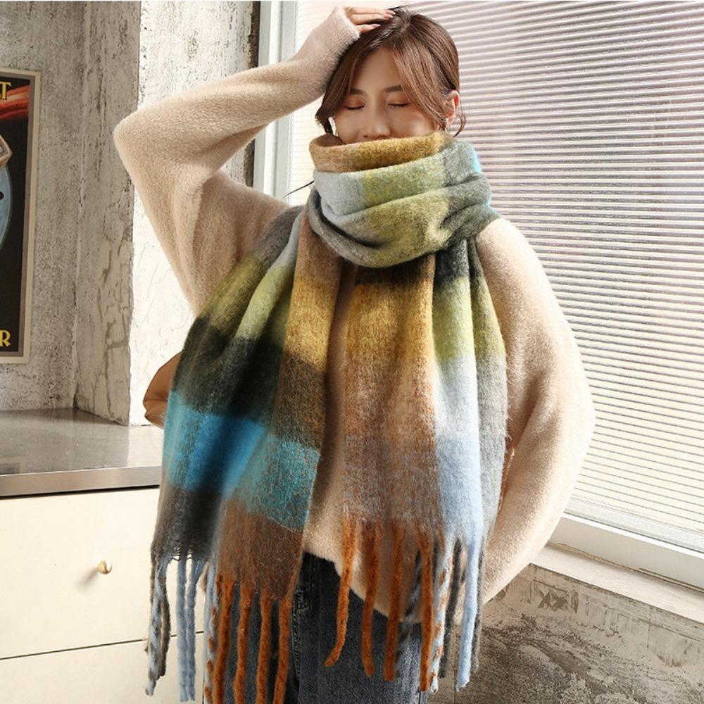 Versatile Four Color Cashmere Scarf Long Tassel Rainbow Winter Plaid Shawl Gradient Tie Dye Scarf