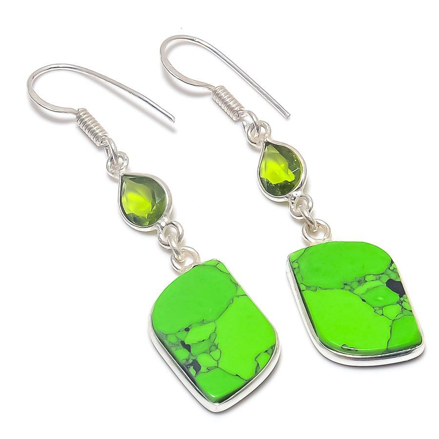 Natural Green Turquoise, Peridot Gemstone 925 Sterling Silver Earring 1.97" C8r98