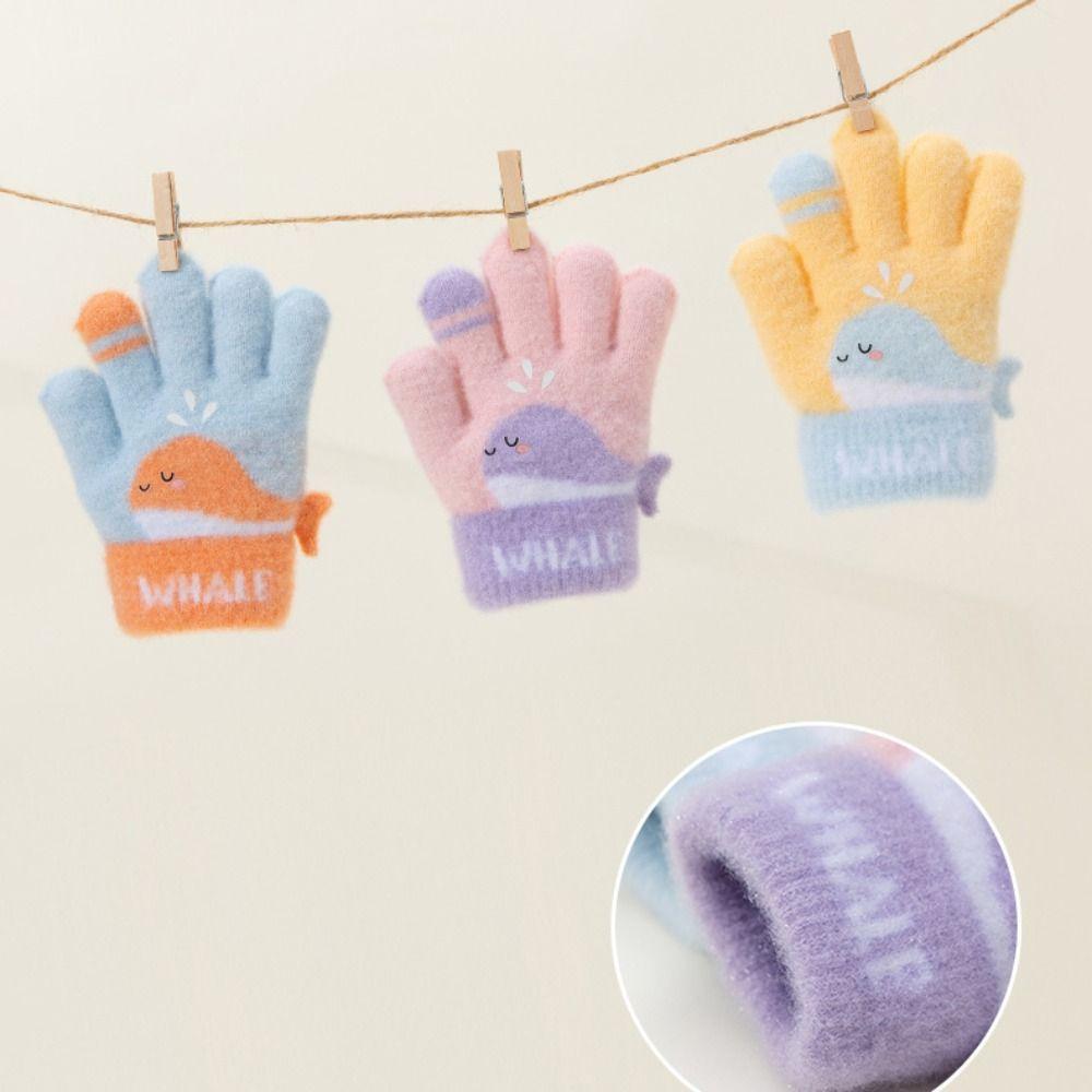 Cute Whale Winter Knitted Gloves Warm Plush Kids Gloves Cartoon Five-finger Gloves  Outdoor