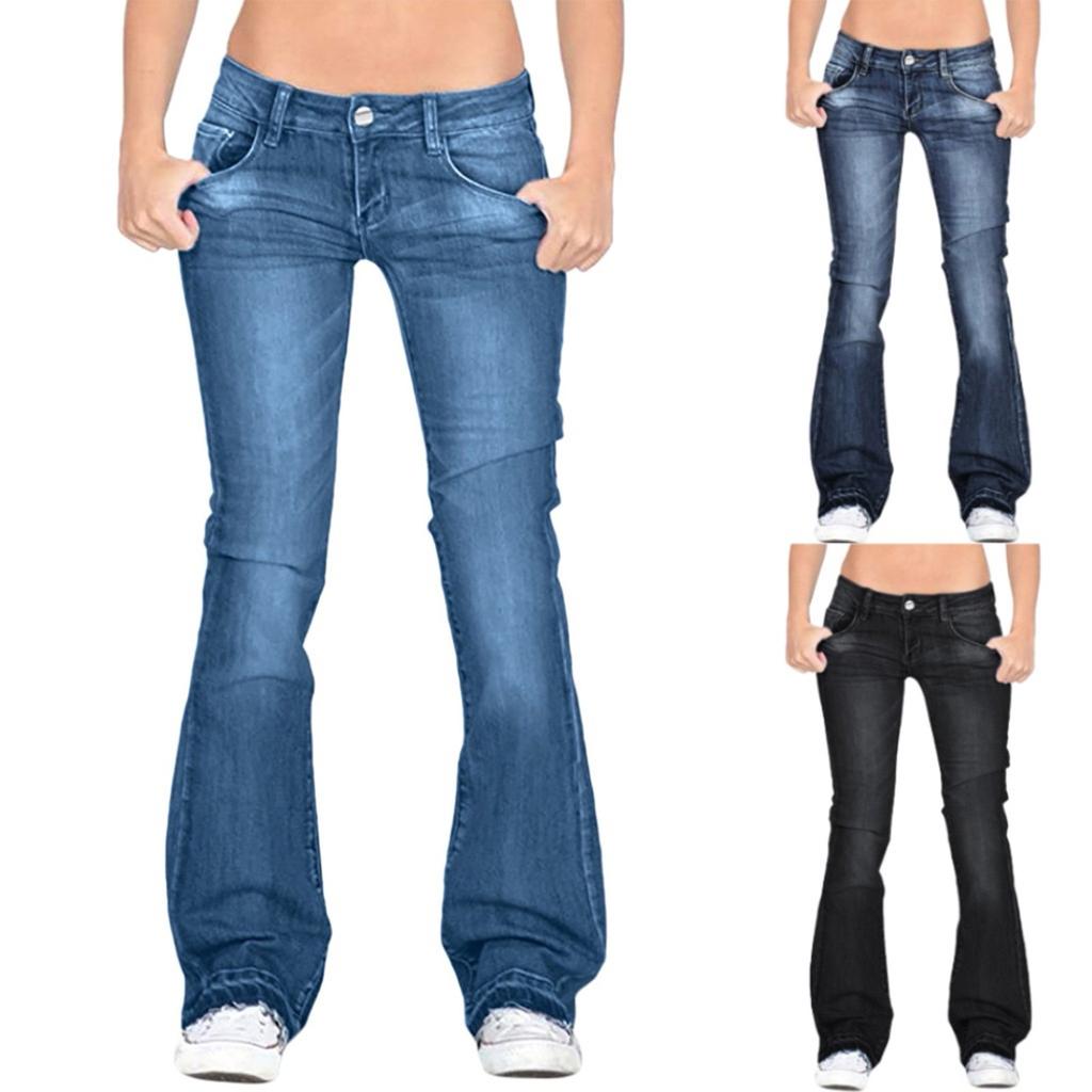 Women Flare Jeans Mid Waist Bell Jeans Stretch Slim Pants Length Jeans