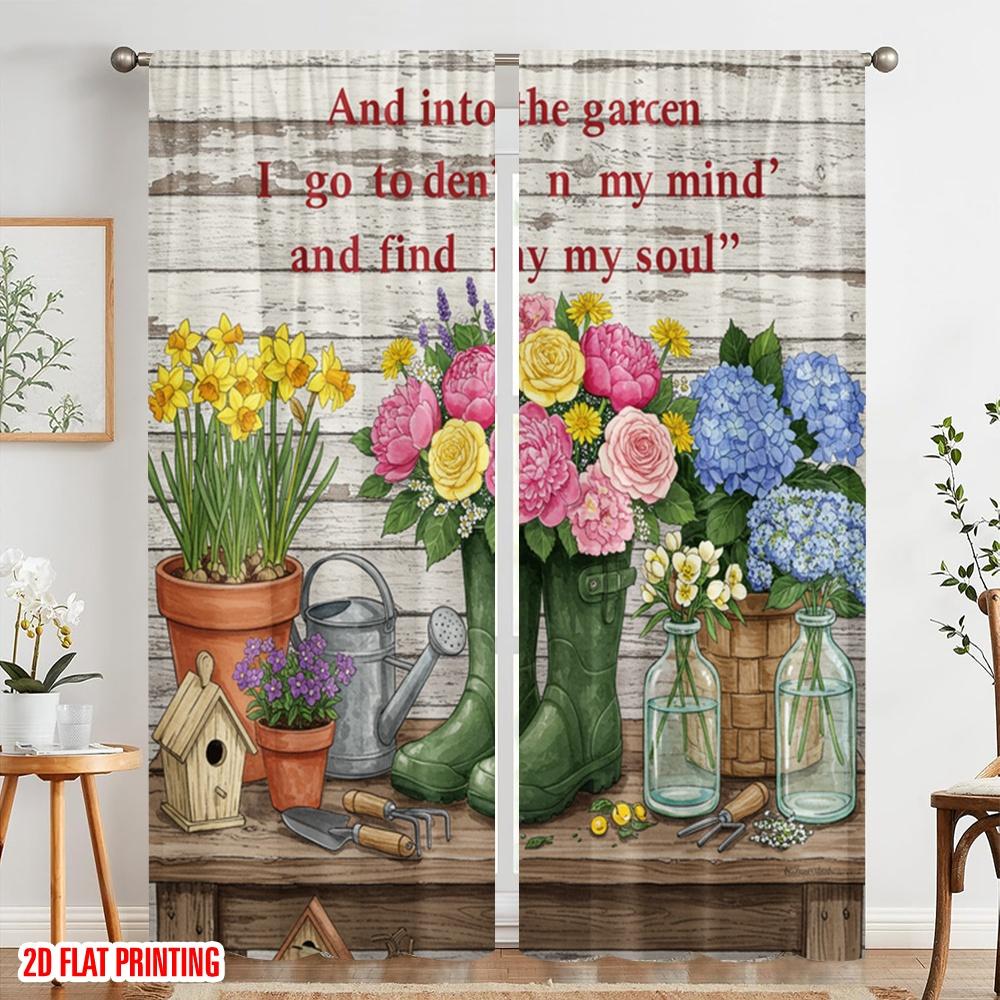 2pcs 2D Flat Printing Window Curtains Garden Boots Flowers Watering Can Polyester Without Electricity Holiday Decorations for