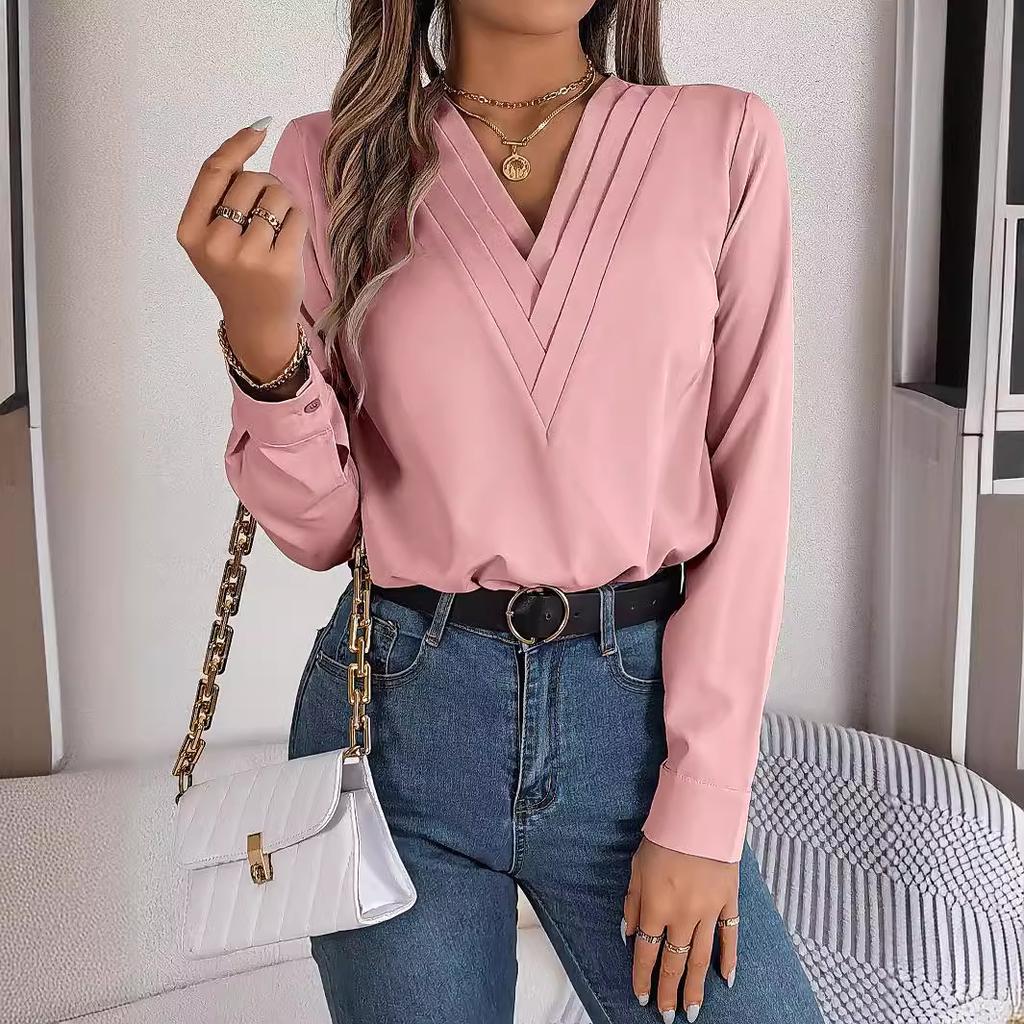 Women's Elegant Business Office Blouse Layered V Neck Long Sleeve 2024 Dressy Shirts Work Tops