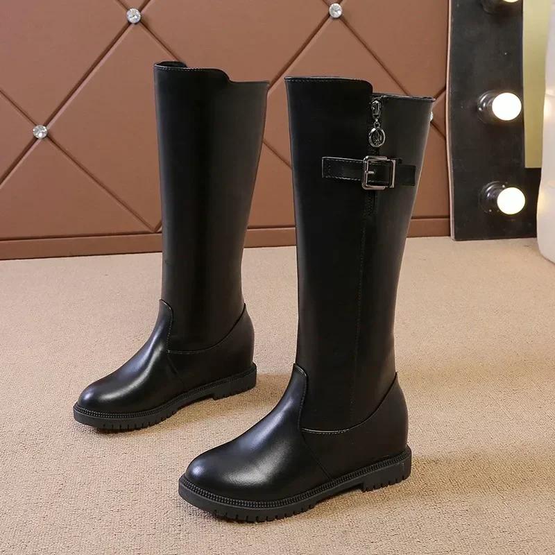 2025 Women's Winter Boots Black Round Toe Low Heel Knee High Boots for Women Belt Buckle Leisure Warm Riding Boots Bota Feminina