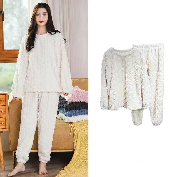 Autumn Women Solid Warm 2 Piece Sets Thicken Velvet Ribbed Fleece Set Pullover and Pants Women Casual Pajama Sets