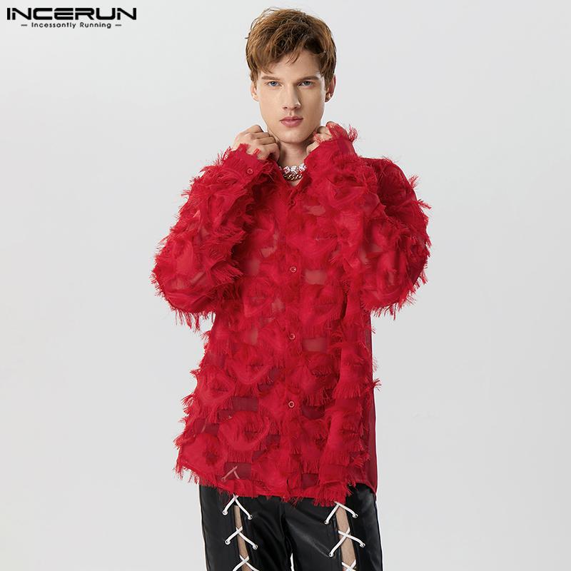 INCERUN Men Long Sleeve Button Up See Through Tassels Shirts Party Tops
