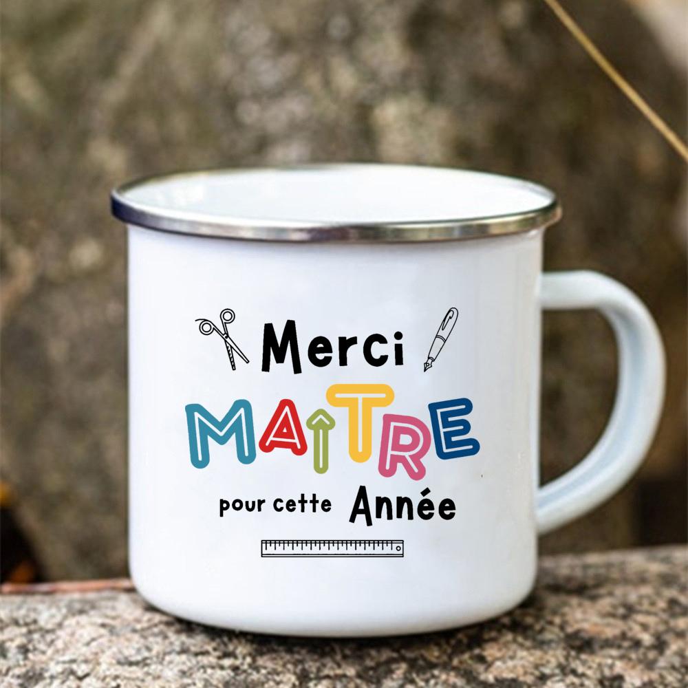 Merci Maitre Printed Mug Creative Coffee Tea Cups Drinks Water Cup Enamel Mugs School Home Retro Handle Drinkware Teacher Gifts